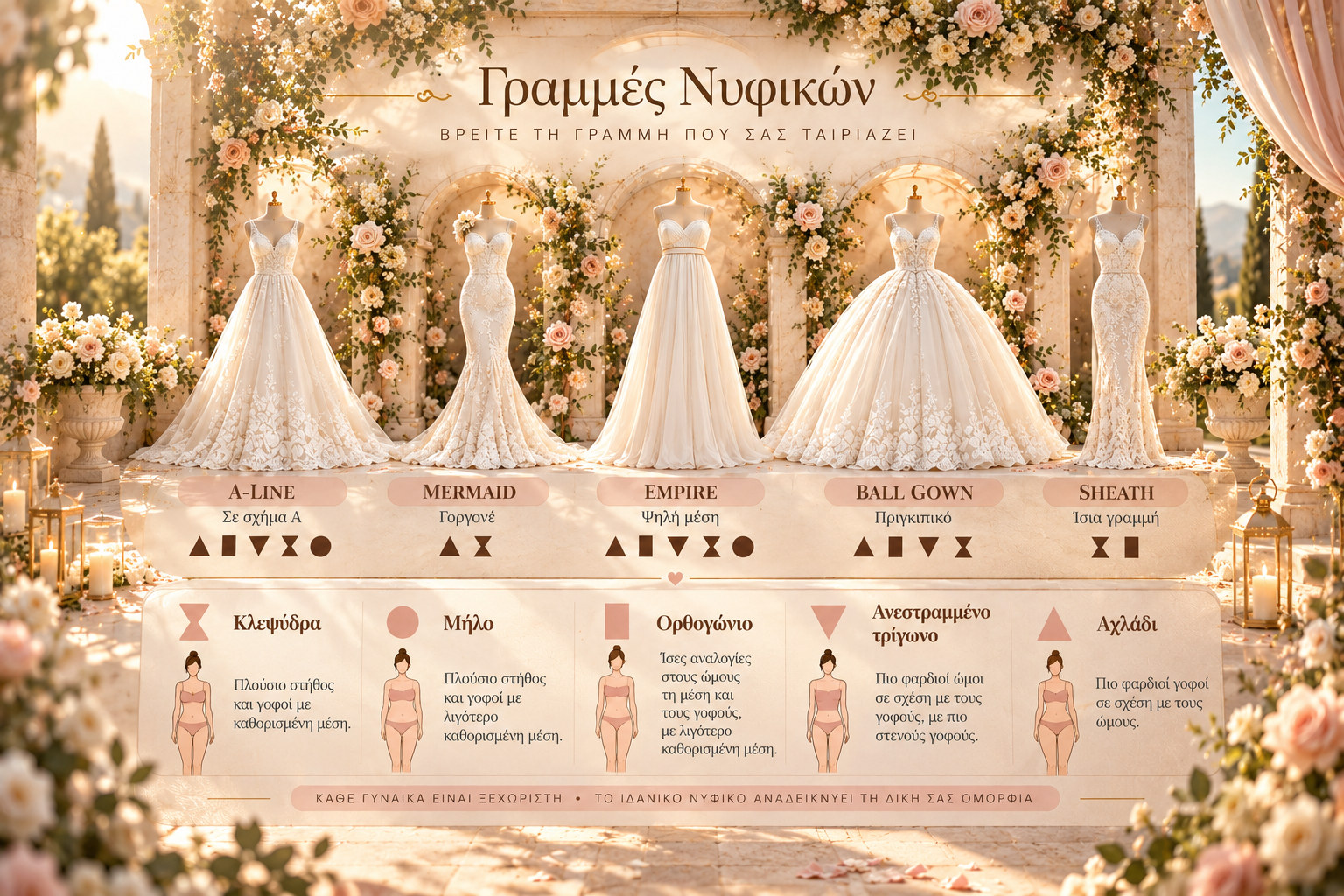 Οδηγός Νυφικού MOUSTAKAS με πέντε γραμμές νυφικών: A-Line, Γοργονέ, Empire, Πριγκιπικό και Ίσια γραμμή, καθώς και πέντε γυναικείους σωματότυπους.