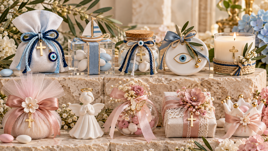 Μπομπονιέρες βάπτισης για αγόρι και κορίτσι με γαλάζιες και ροζ κορδέλες, πουγκιά και διακοσμητικά στοιχεία