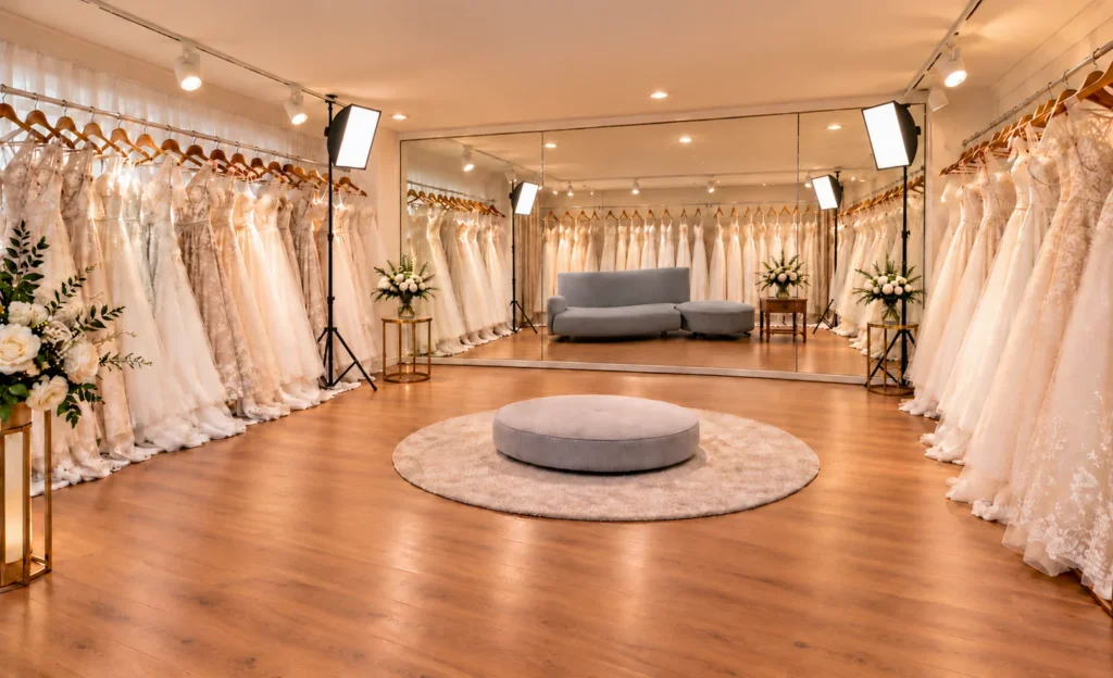 Νυφικό studio της MOUSTAKAS στις Σέρρες με συλλογή νυφικών, καθρέπτη, καναπέ και επαγγελματικό φωτισμό.