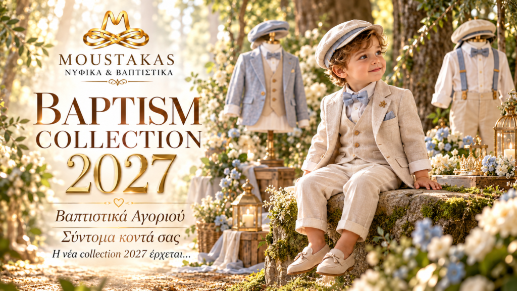 Αγοράκι με μπεζ βαπτιστικό σύνολο, γιλέκο και καπέλο σε ρομαντικό ανθισμένο κήπο